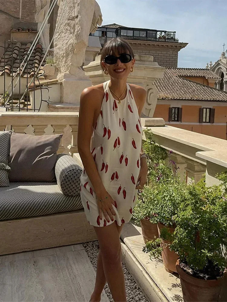 Holiday Printed Backless Halter Mini Dresses Women Sexy Off Shoulder Sleeveless Summer Lady Vacation Beach Vestidos 240628
