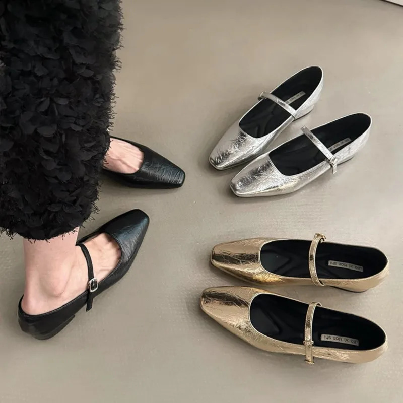 Womens Ballet Flats Pointed Toe Mary Janes Shoes Silver Low Heels Dress Shoes Woman Flats Black Gold Zapatos Mujer Spring 1790N 240705