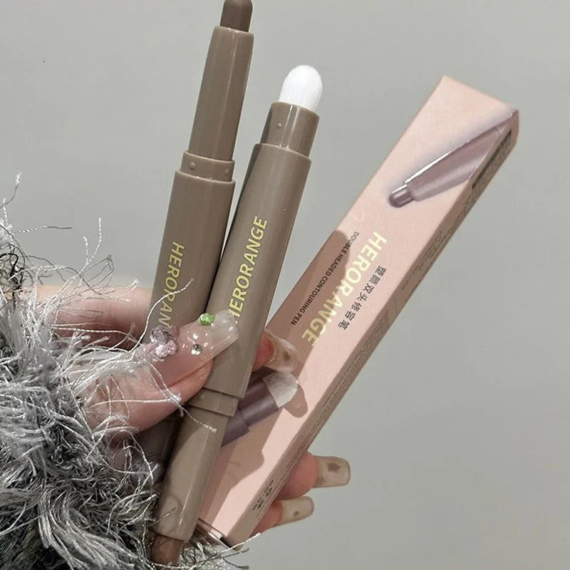 Double Head Contour Stick Bronzer with Brush Face Nose Shadow Cream Contour Pen Waterproof Lasting Contouring Makeup Cosmetics 240705