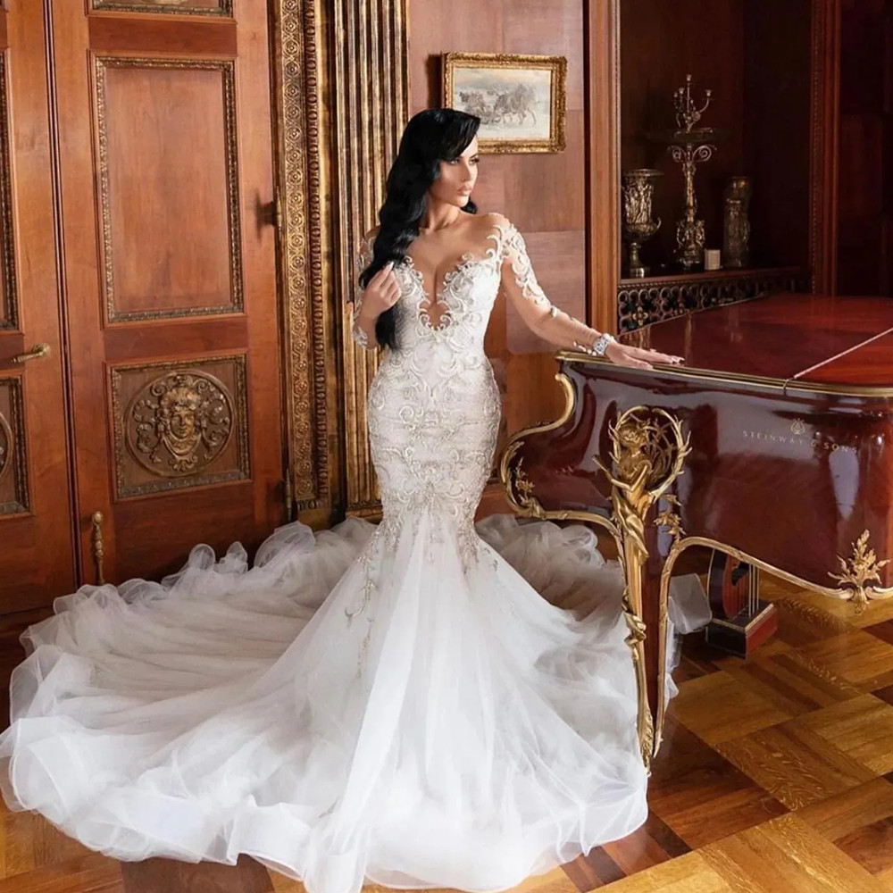 Princess Sparkly Wedding Scoop Long Sleeves Beaded Appliqued Lace Women Bridal Gowns New Vestido De Novia Custom Made Brides Dress 6660312