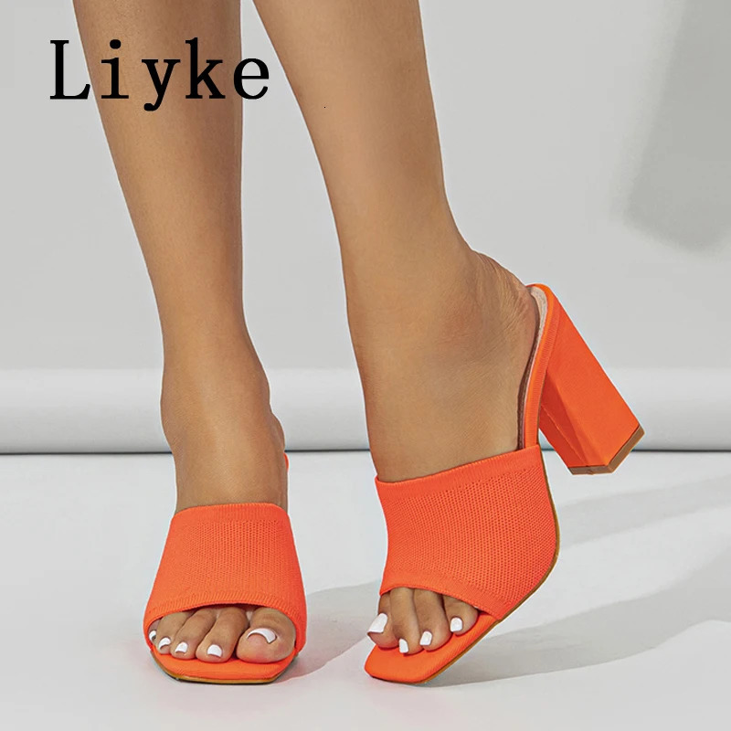 Liyke Big Size 42 Square High Heels Women Slippers Cozy Knitted Stretch Fabric Wide Band Open Toe Shoes Ladies Summer Sandals 240704