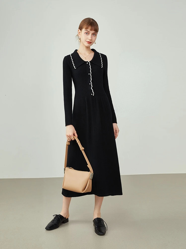 FSLE Women French Knitted Dresses Mid-length Retro Slim All-match Sweater Dress Buttoned Black Knitted Thin A-line Skirts 240703
