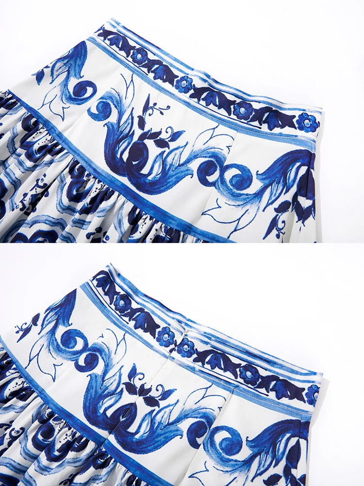 JAMERARY Summer Runway Blue And White Porcelain Two Piece Set Women Flower Print Short Crop Top Holiday Beach Maxi Skirt Suits 240703
