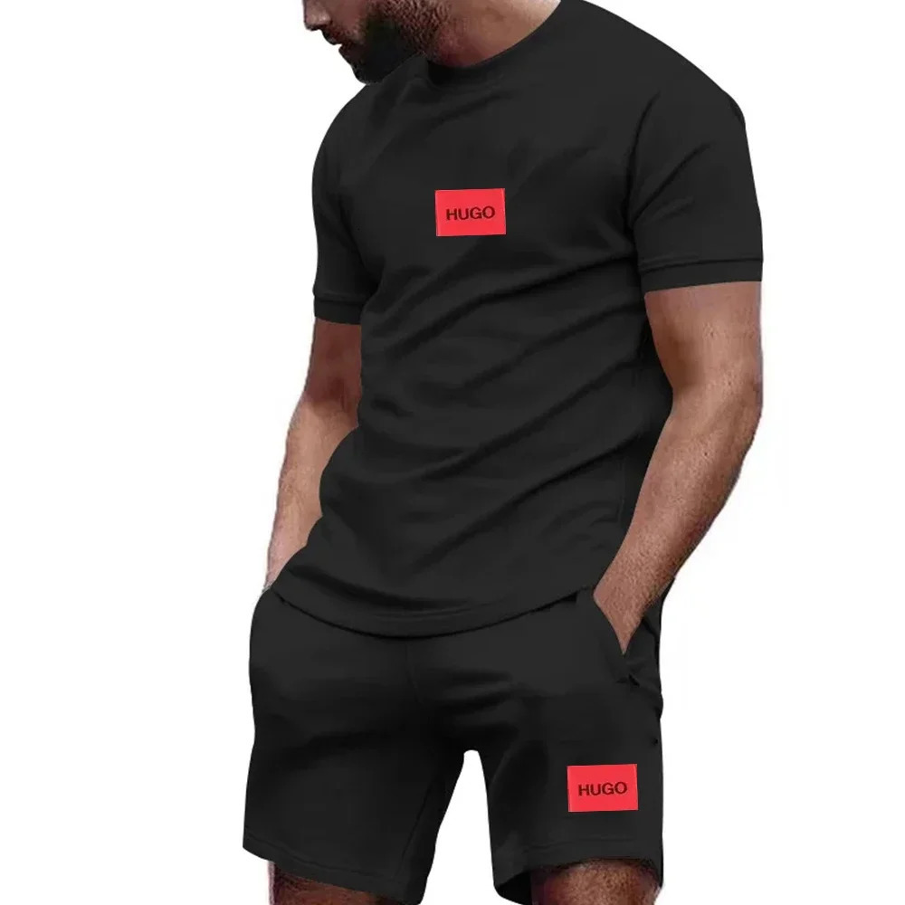 Summer Tracksuit Men Sports Set Casual Fitness Jogging Fashion Short Sleeve Cotton Hugo Tshirt Shorts 2 Piece Sets Sportswear 240627