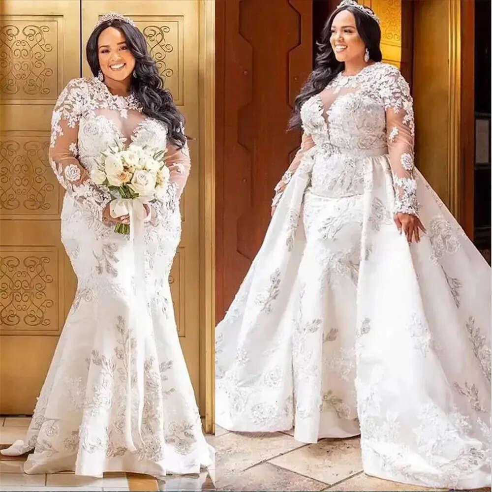 Mermaid Size Gorgeous Bridal Plus Wedding Dresses Gown With Detachable Train Long Sleeves Lace Applique Custom Made Jewel Neckline Vestido De Novia