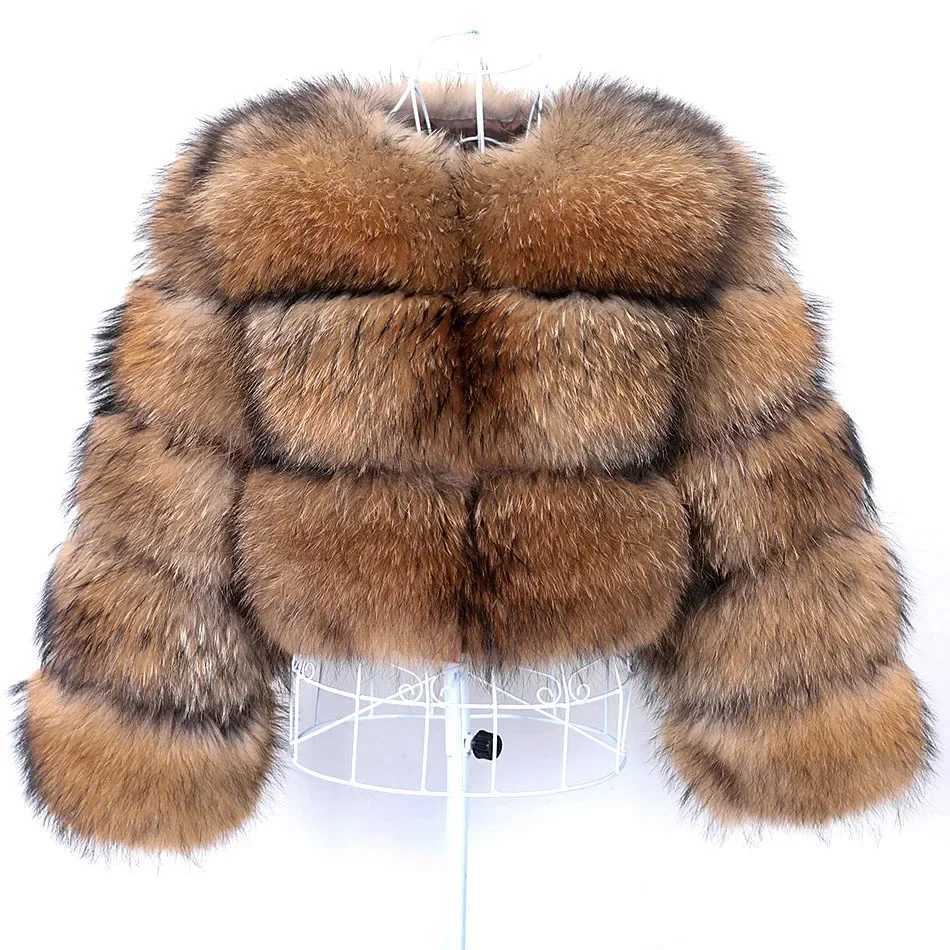 2025 Women's Faux Real Fur Coat Womens Natural Raccoon Jacket Winter Warm High-Quality Long Style With A Hat H240705