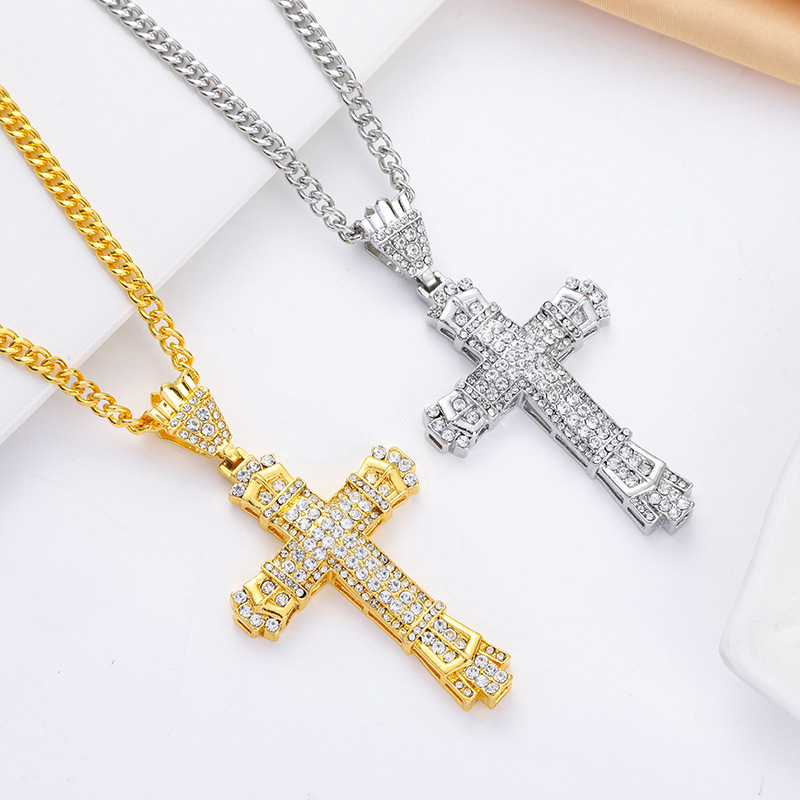 Hip Hop Cross Pendant Necklace Religious Charm 18K Gold Silver Full Ice Out Crystal Neckalce Simulated Diamonds Catholic Crucifix Necklace With Cuban 