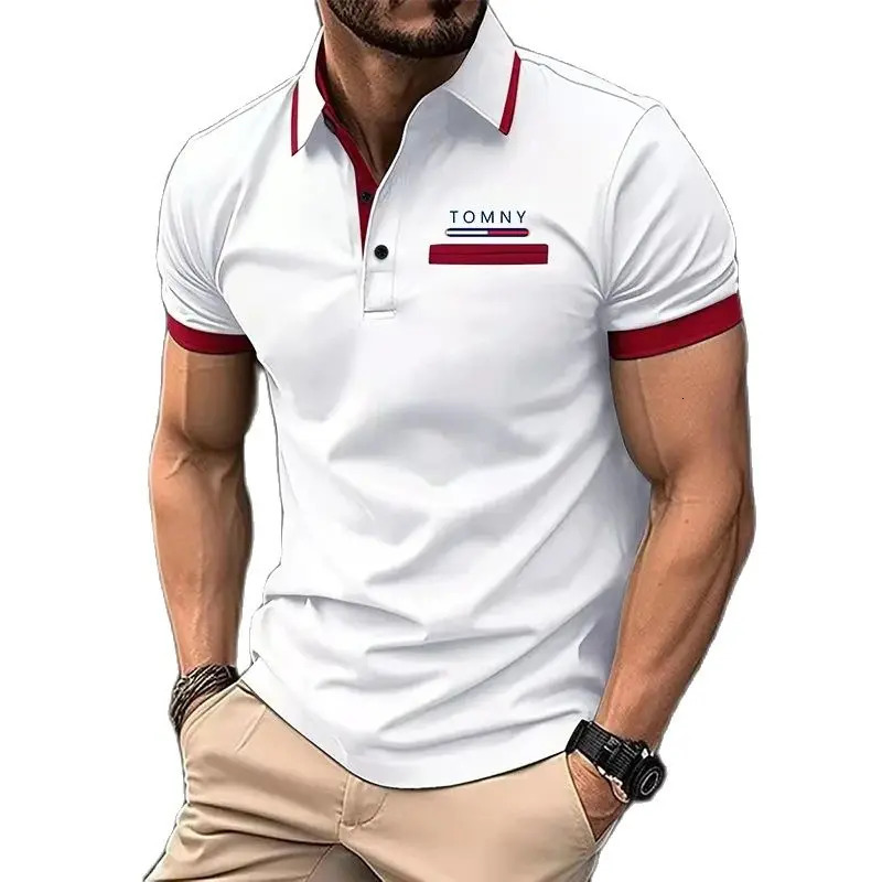 TOMNY Shirt Polo Daily Men Striped Knit Polos Polyester Polo Shirts Tops 240703