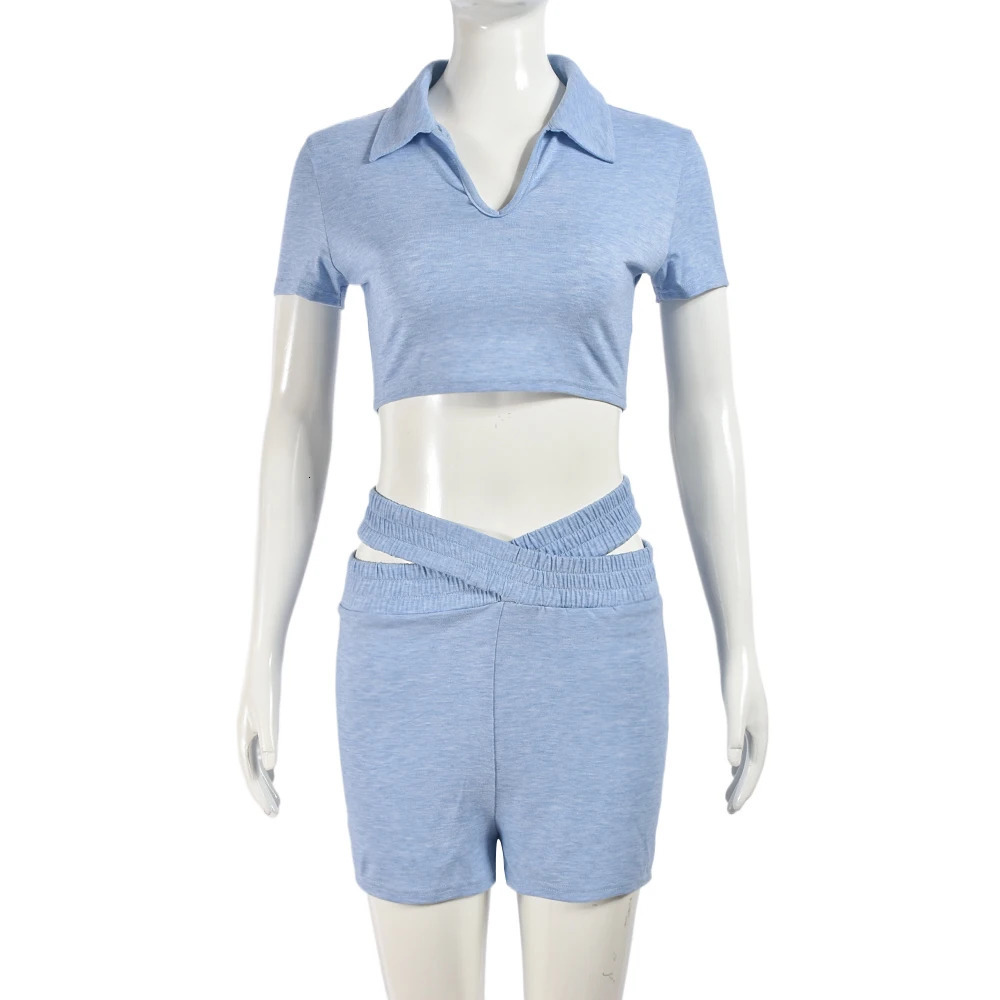 2 Piece Set Women Tracksuits Sexy Short Sleeve Crop TopHigh Waist Cut Out Shorts Outfits Summer Lolita Y2K Clothes 240704