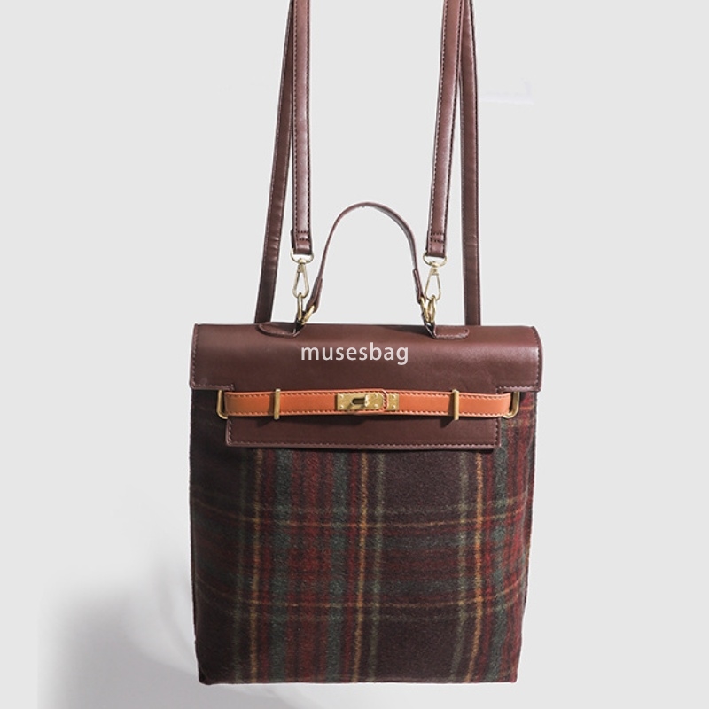 French women's Korean niche original design autumn and winter Maillard bag plaid fabric fashionable texture large capacity backpack handbag cross