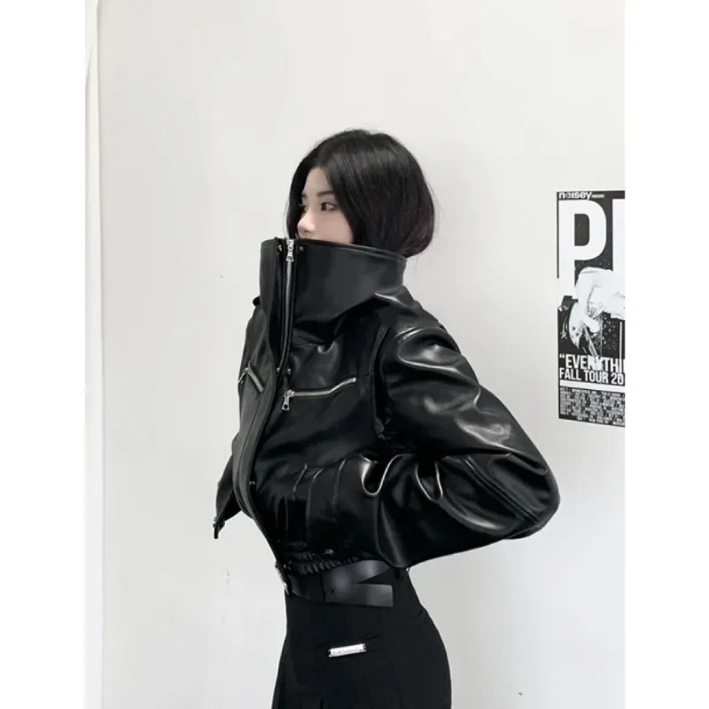 Black Leather Coats High Waist Stand Collar Short Length Techwear Punk Style Jackets Y2k Street Fashion Women Outerwear Tops 240625