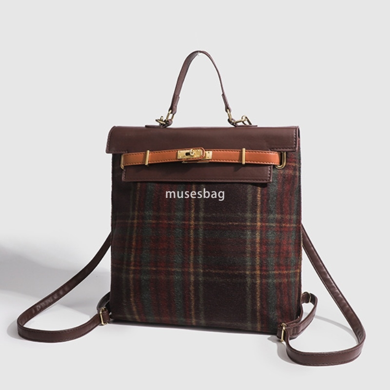 French women's Korean niche original design autumn and winter Maillard bag plaid fabric fashionable texture large capacity backpack handbag cross