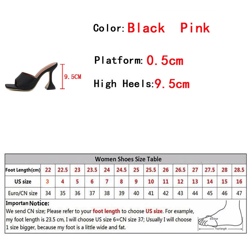Liyke New Fashion Square Toe 9.5Cm Strange High Heels Slippers Women Crystal Rhie Satin Summer Quality Sandals Shoes Mules Slides 240704
