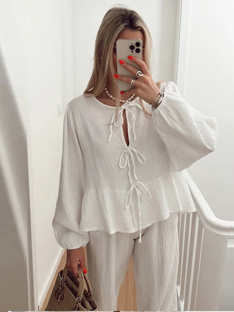 Casual Ruffle Bow Lace Up Shirts Pants Suit Women Loose O-neck Long Sleeve Leopard Shirt Wide Leg Pant 2024 Sping Summer Suits 240703