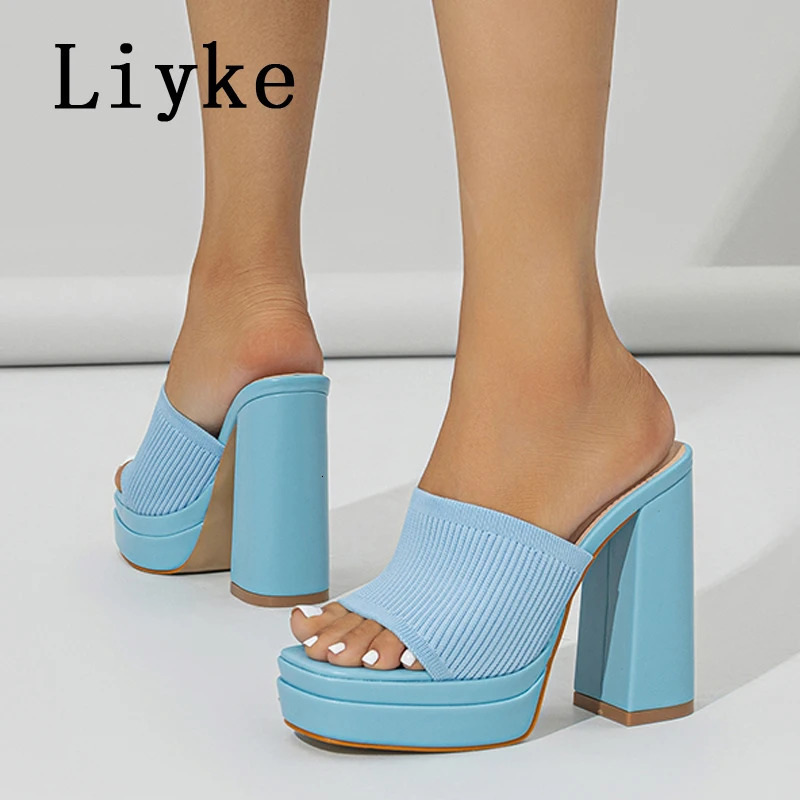 Liyke Fashion Yellow Blue Stretch Fabric Women Thick New Heel Slippers Summer Peep Quality Toe Chunky Platform Shoes Slides Sandal Female 240704