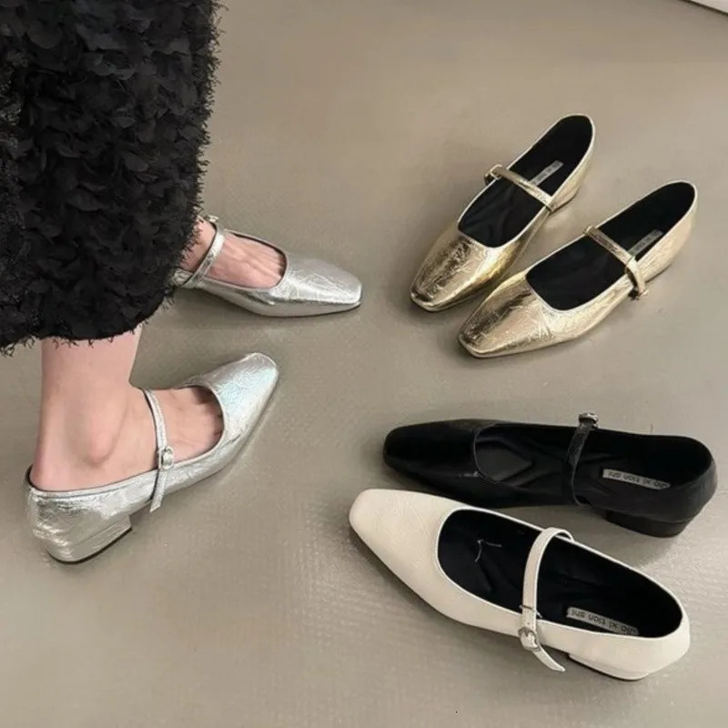 Womens Ballet Flats Pointed Toe Mary Janes Shoes Silver Low Heels Dress Shoes Woman Flats Black Gold Zapatos Mujer Spring 1790N 240705