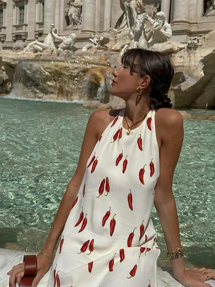 Holiday Printed Backless Halter Mini Dresses Women Sexy Off Shoulder Sleeveless Summer Lady Vacation Beach Vestidos 240628