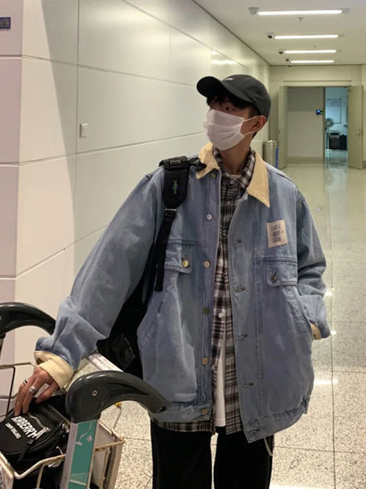 Gmiixder Japan Retro Lapel Denim Jacket Cityboys Punk Loose Autumn Hong Kong Style Hip Hop Handsome Stitching Jeans Coat 240701wtt