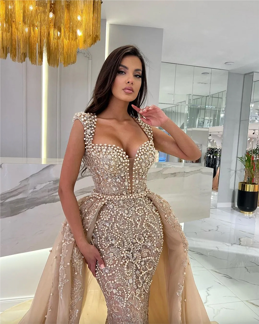 Champagne Overskirts evening dresses pearls sequins beading formal prom party gowns dresses for special occasions sweep train detachable train evening