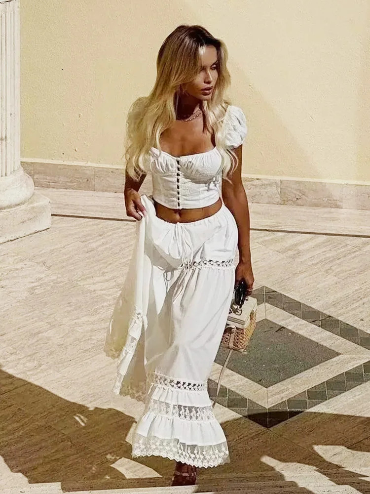 Foridol Flower Embroidery White Dress Set Women Summer Cotton Skirt Matching Set 2 Pcs Outfits Lace Decor Holiday Beach Dress 240703