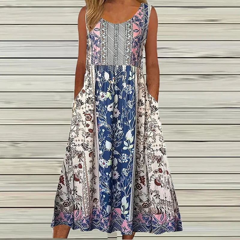 Summer Vintage Printed Midi Dress Women Casual Sleeveless Pocket Maxi Dresses For Beach Party Boho 240628