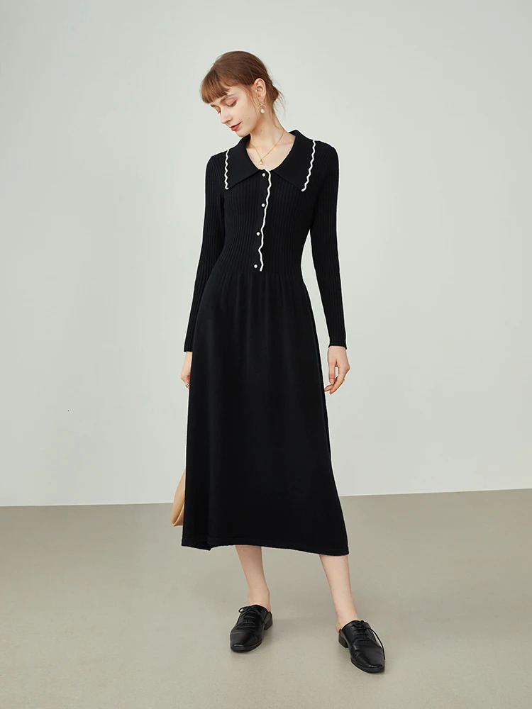 FSLE Women French Knitted Dresses Mid-length Retro Slim All-match Sweater Dress Buttoned Black Knitted Thin A-line Skirts 240703