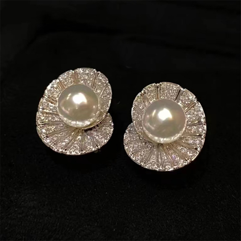 Sterg Sier Pearl & CZ Dia Stud Earrings Handmade Jewelry | Gorgeous Scallop Sweet Cute Earring Gift for Women 64ef