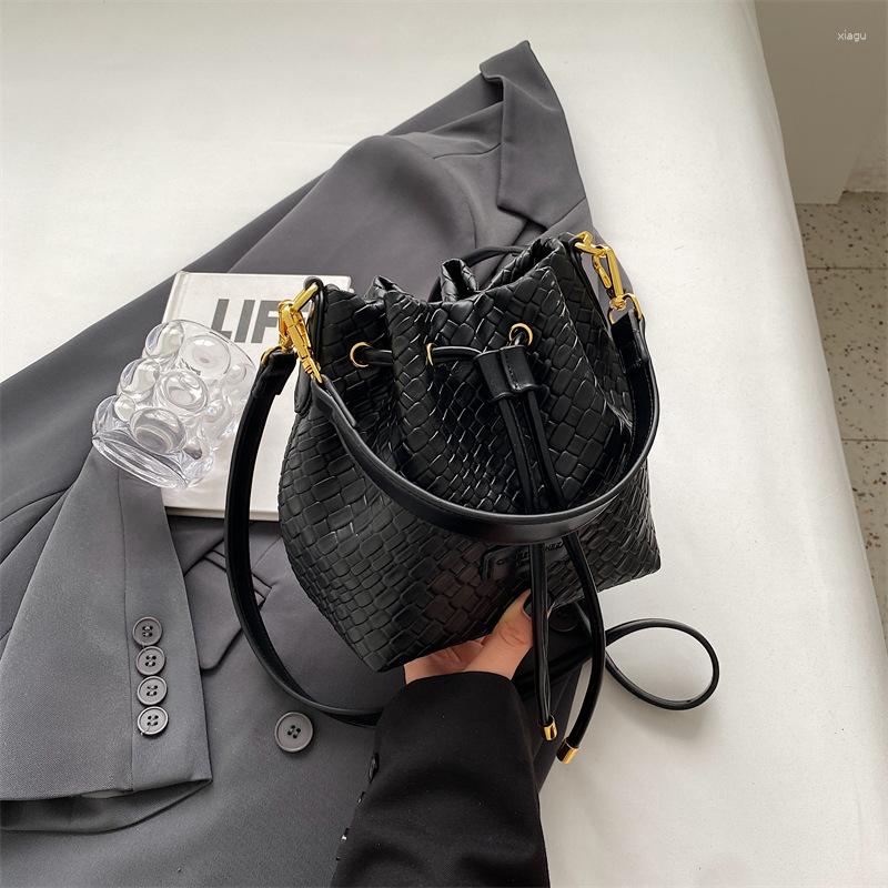 Drawstring Woven Bucket Bag For Women 2024 Autumn And Winter Single Shoulder Crossbody French Niche Design Handbag