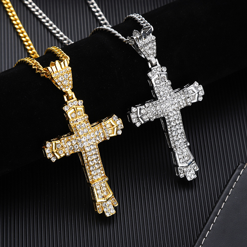 Hip Hop Cross Pendant Necklace Religious Charm 18K Gold Silver Full Ice Out Crystal Neckalce Simulated Diamonds Catholic Crucifix Necklace With Cuban 