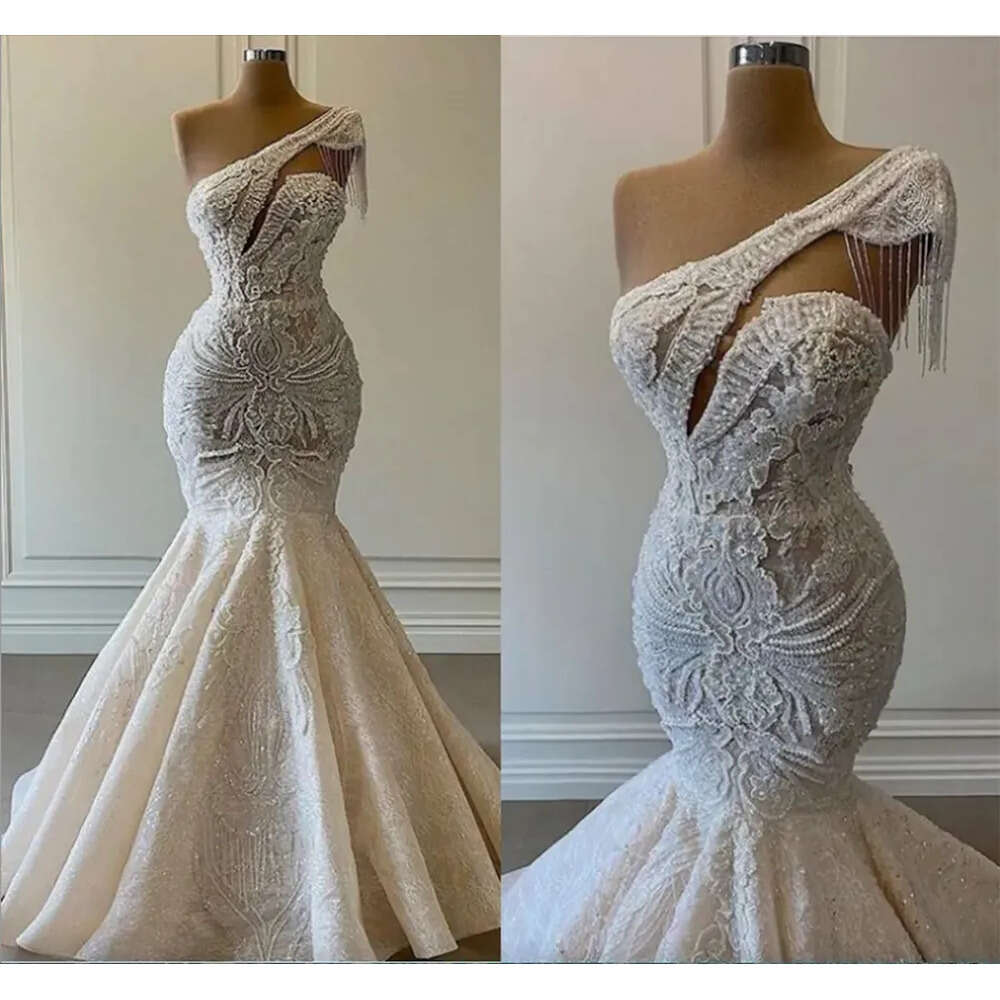 Gowns Pearls Wedding Mermaid Lace New Bridal Dresses Beaded Sexy One Shoulder Tassel Custom Made Arabic Dubai Robe De Mariee 6660311
