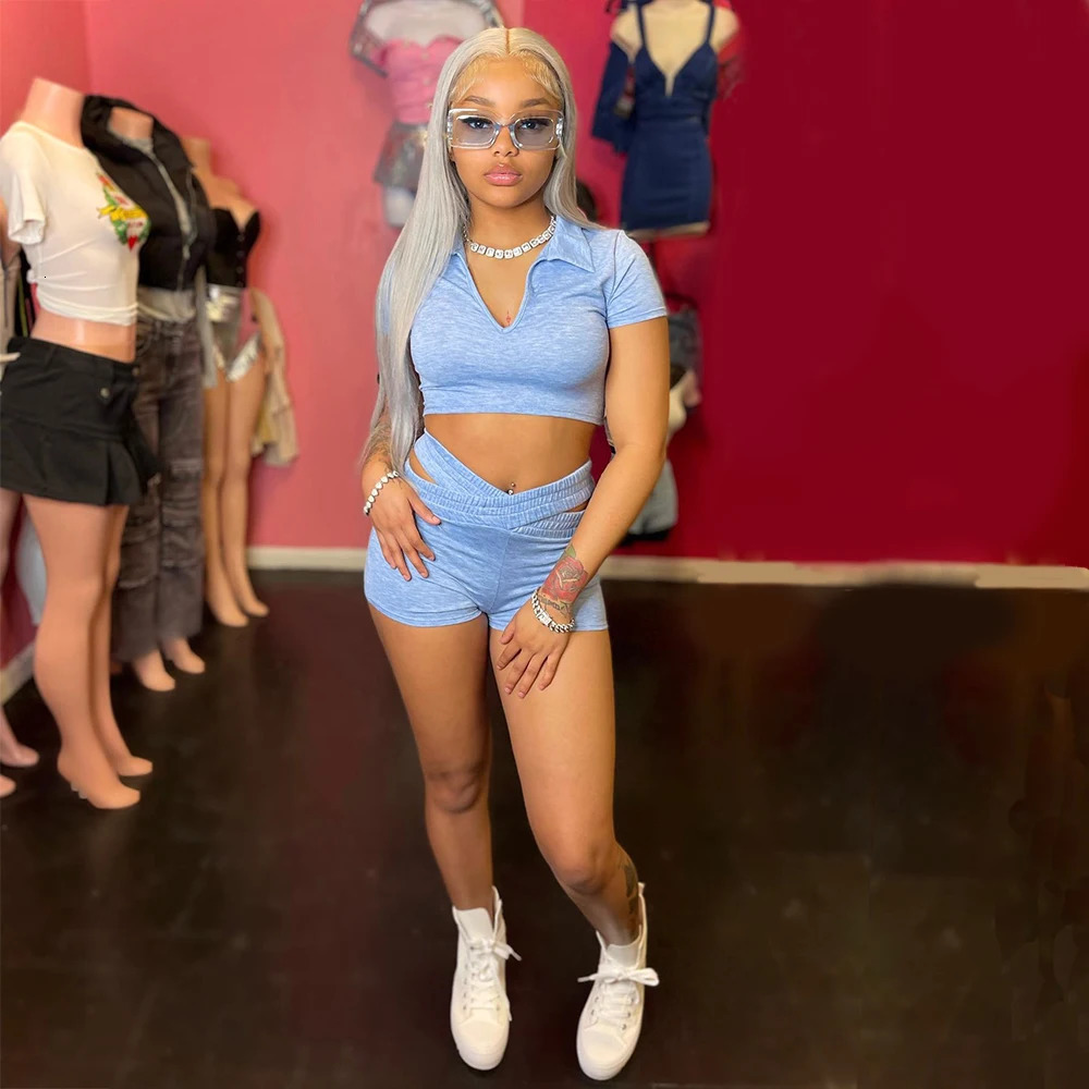 2 Piece Set Women Tracksuits Sexy Short Sleeve Crop TopHigh Waist Cut Out Shorts Outfits Summer Lolita Y2K Clothes 240704