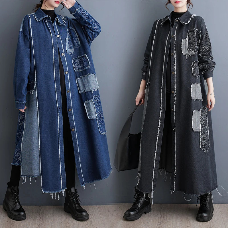 #2176 Black Blue Trench Coat Women Split Joint Denim Windbreaker Ladies Loose Retro A-E X-Long Overcoat Female Spring 240704