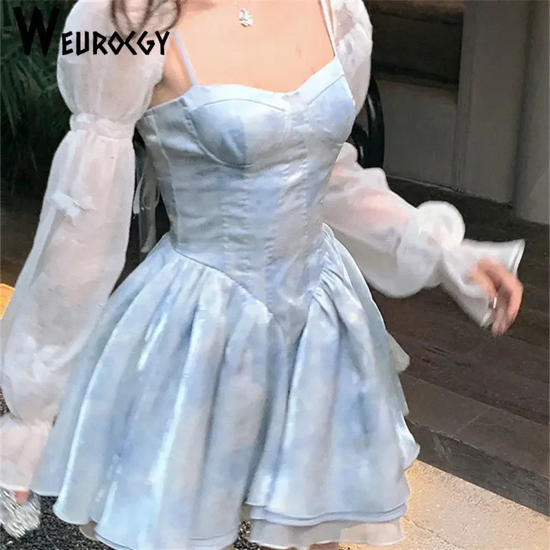 Women Dress Summer Korean Edition Style Retro Sexy Slim Vintage Chiffon Sling Breast Wipe Backless Square Collar 240628