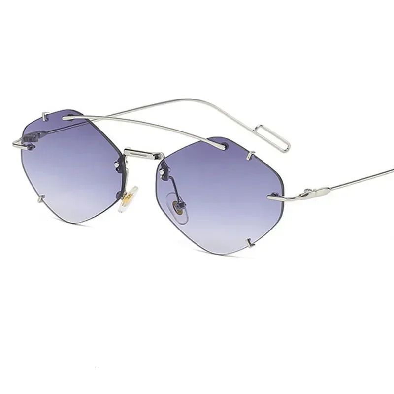 Fashion Rimless Polygonal Sunglasses Women Double Bridge Glasses Retro Sunglass Luxury Designer Eyewear UV400 Sun Glass Shades 240705
