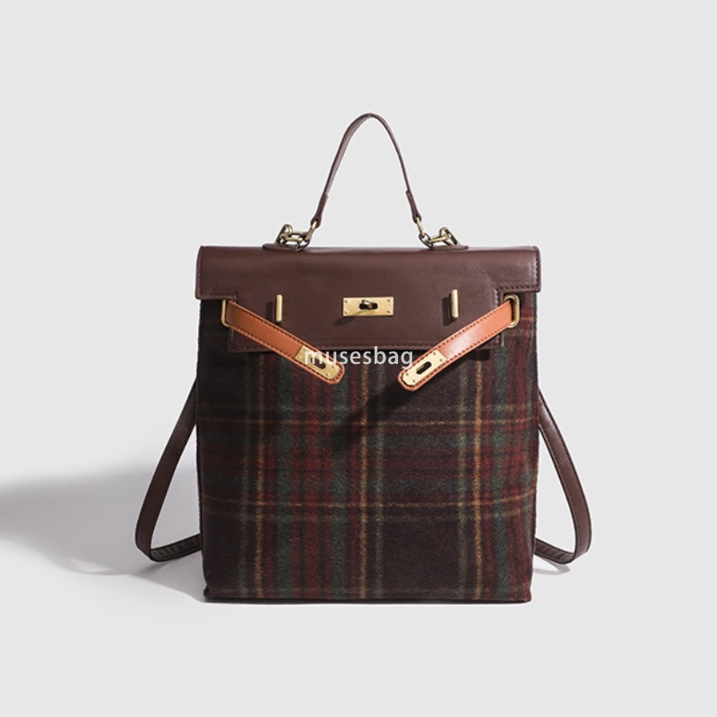 French women's Korean niche original design autumn and winter Maillard bag plaid fabric fashionable texture large capacity backpack handbag cross