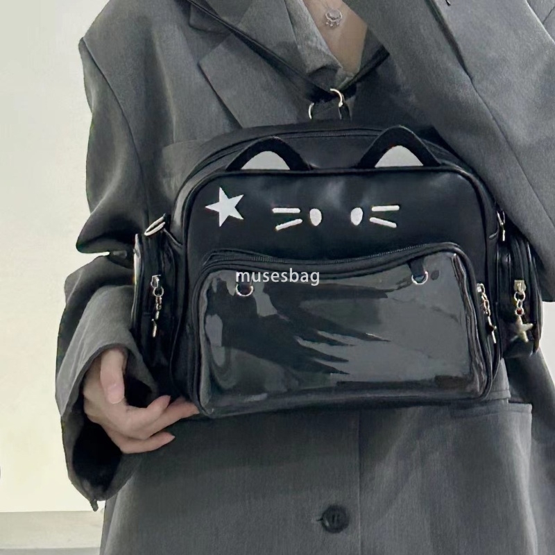 French women's temperament niche design cute cat cat backpack trendy and cool millennium spicy girl black practical pain bag single shoulder diag