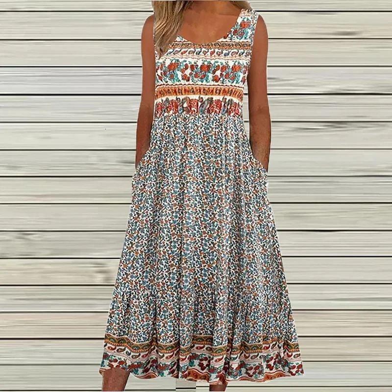 Summer Vintage Printed Midi Dress Women Casual Sleeveless Pocket Maxi Dresses For Beach Party Boho 240628
