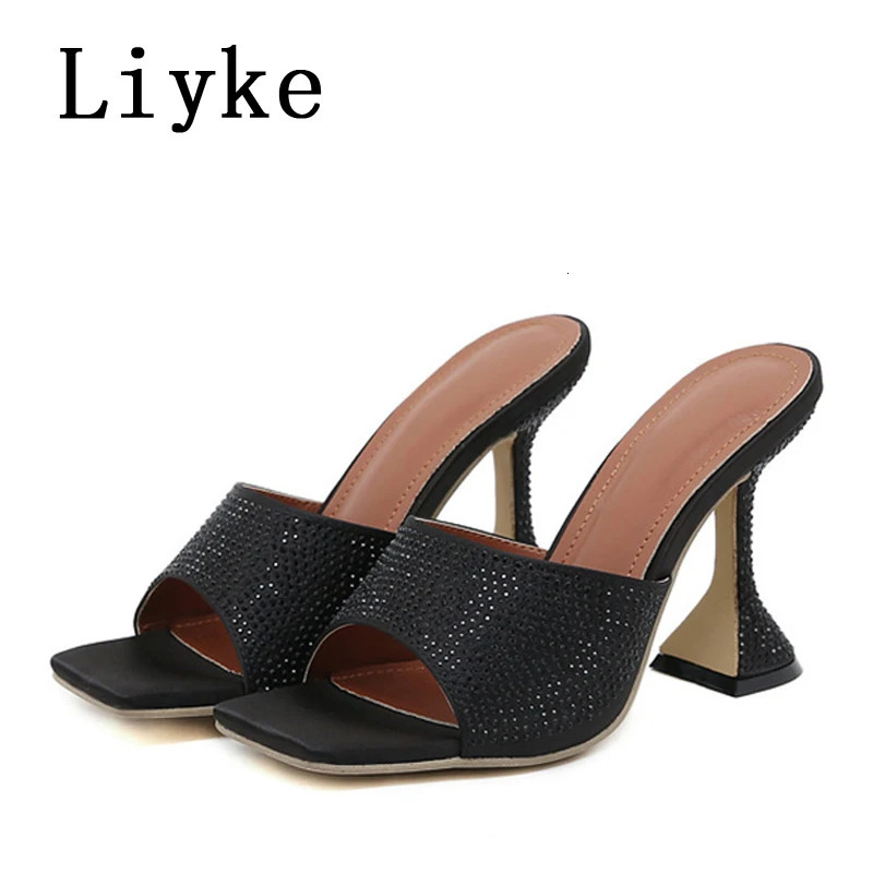 Liyke New Fashion Square Toe 9.5Cm Strange High Heels Slippers Women Crystal Rhie Satin Summer Quality Sandals Shoes Mules Slides 240704