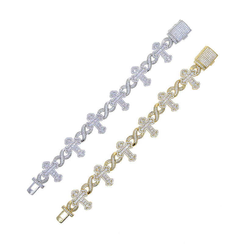 New Arrived High Quality Hip Hop Men Jewelry Micro Pave 5A CZ Iced Out Bling Infinity Cross Charm Cuban Bracelet