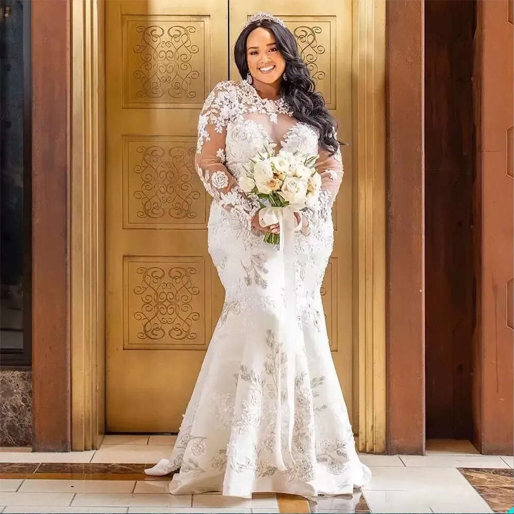 Mermaid Size Gorgeous Bridal Plus Wedding Dresses Gown With Detachable Train Long Sleeves Lace Applique Custom Made Jewel Necke Vestido De Novia