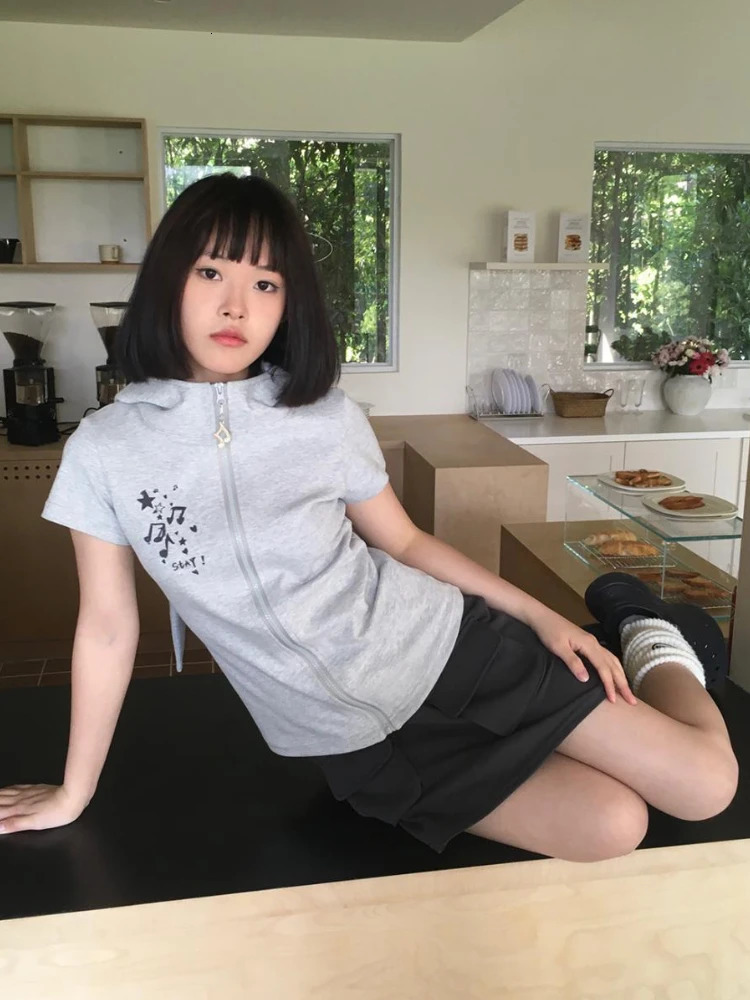 Y2k Hooded Jackets Women Kawaii Rabbit-ears sweet Girls Short Sleeve Outerwear Summer Fashion Streetwear Leisure All-match 240704