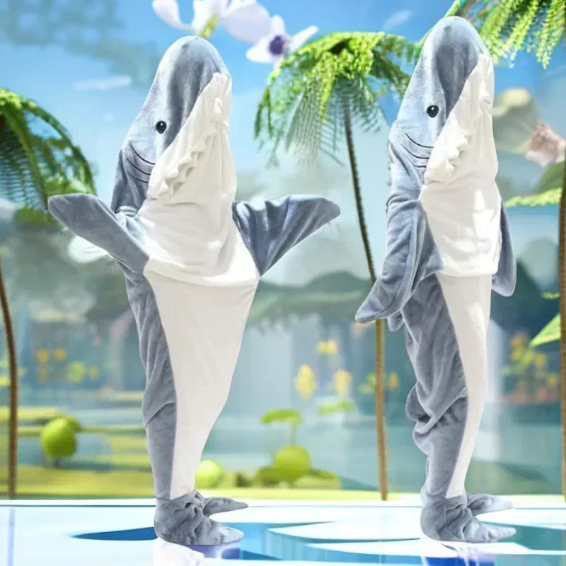 Cartoon Shark Blanket Hoodie Women Kigurumi Playsuit Kids Parents Hooded Warm Flannel Funny Homewear Shark Onesie Sleeping Bag 240705