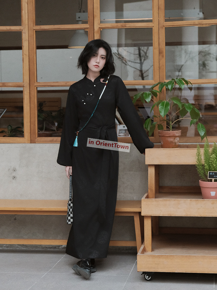 Asian Autumn Trend Woman China National Tibetan Black Gown Full Sleeve Quality Damask Robe Tibet Traditional Female Cotton Dress