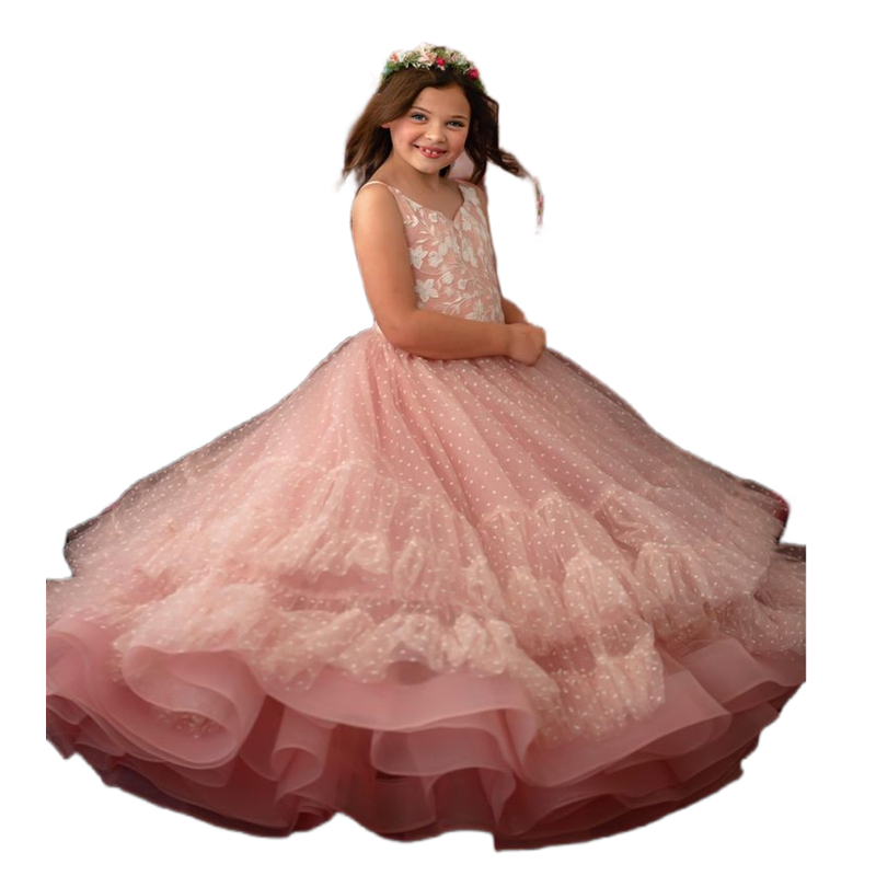 Light Pink Pluffy Flower Girls Dresses Ruffles Floor Length Straps A-Line Kids Formal Wear Toddler Wedding Party Gowns Lace Delicate Birthday Special 