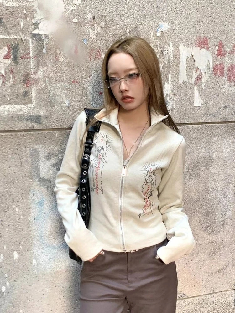 Spring Knitted Top Women Turn Down Collar Zipper Vintage Jacket Y2k Aesthetic Casual Cardigan Femme Harajuku Mujer 240704