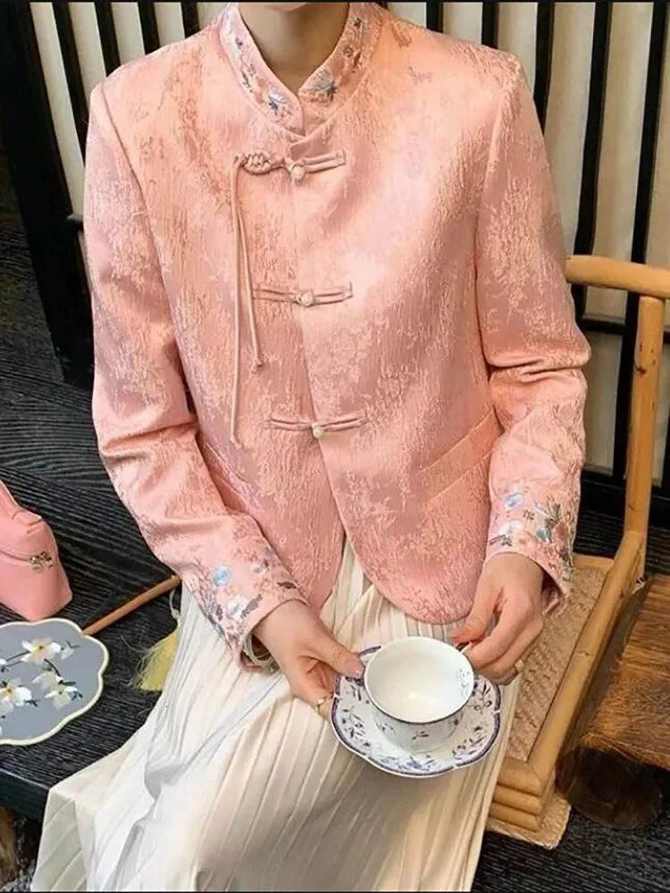 Spring Autumn Buckle Printed Coat Tops Fashion Loose Texture Formal Chinese Traditional Jacket Womens Outwear 240704