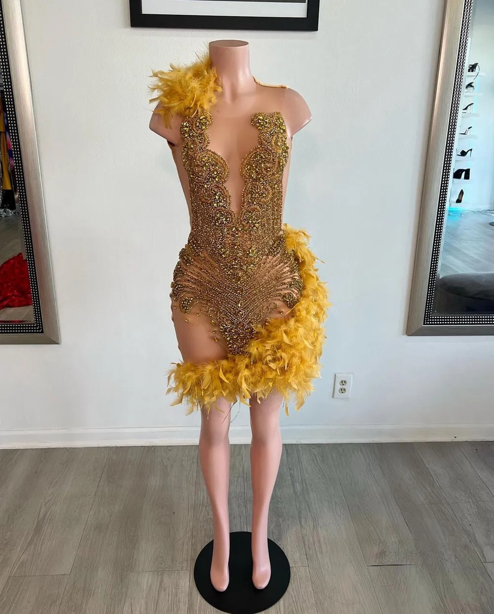 Gold Crystals Feather Short Prom Dresses For Black Girls See Through African American Cocktail Dresses Birthday Party Homecoming Gowns J047