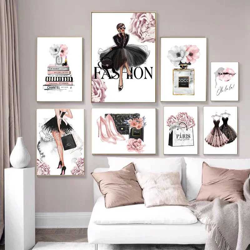 Paintings Fashion Woman Perfume Poster Prints Pictures Pink Flower Sexy Lip Make Up Girls Wall Art Canvas Paintings for Nordic Room DecorL476