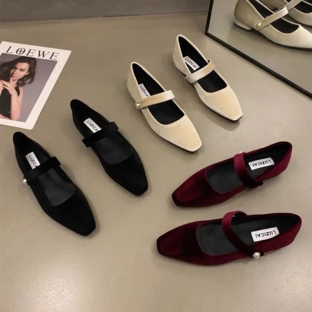 Elegant Pearl Buckle Velour Mary Jane Shoes Woman Concise Velvet Ballet Flats Ladies Evening Party Low Heel Pumps In Wine-Red 240705
