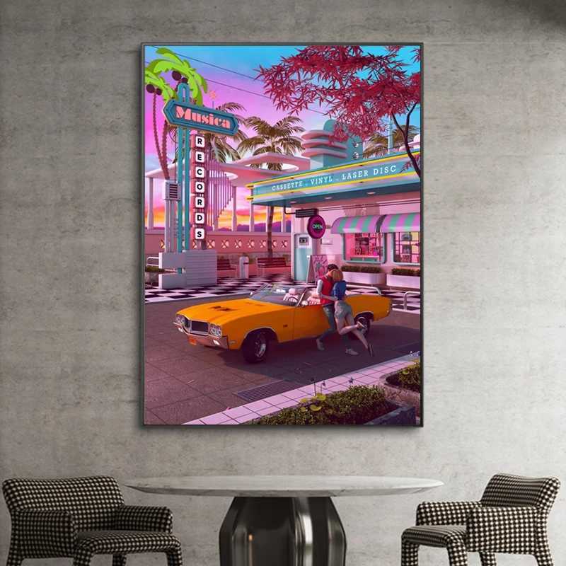 Paintings 80s Synthwave Canvas Painting Posters and Prints Abstract Fancy Wall Art Pictures Cuadros Coffee House Bar for Living Room DecorL476